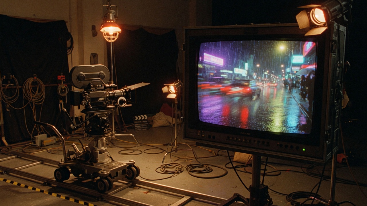 Soundstage camera and monitor running a MiniMax H3 night-street cut.