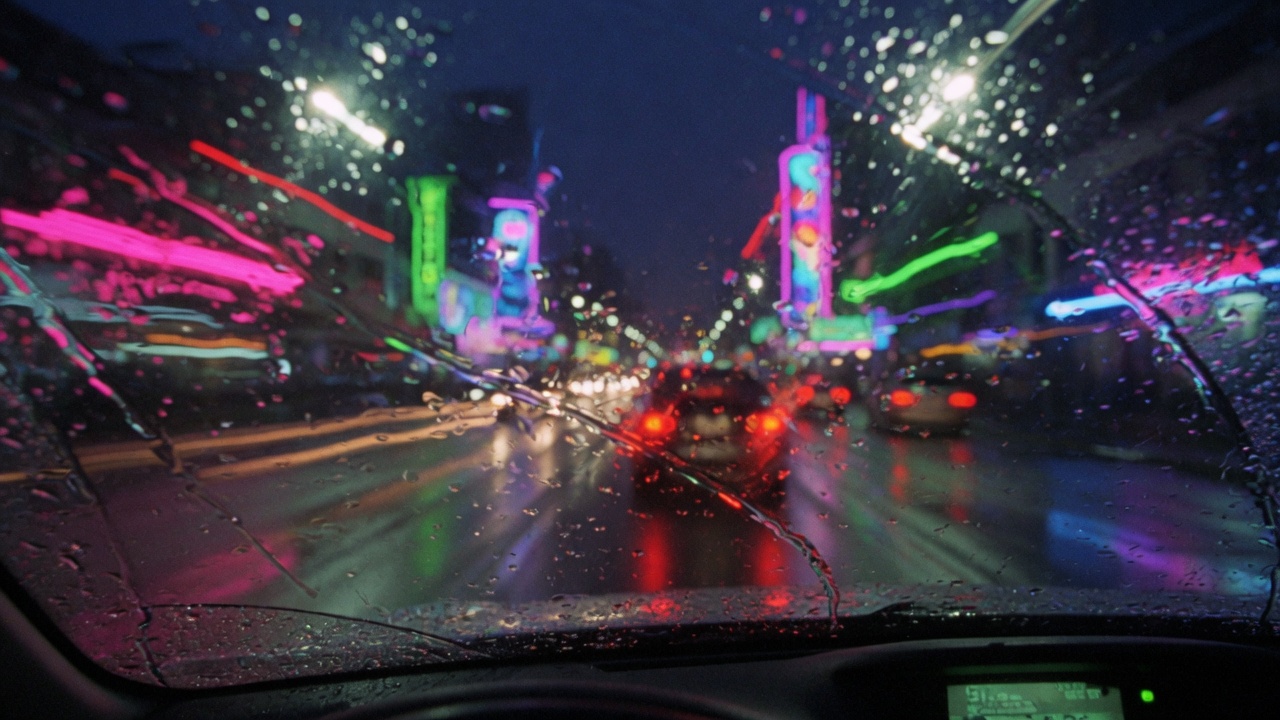 Rain on a windshield at night.